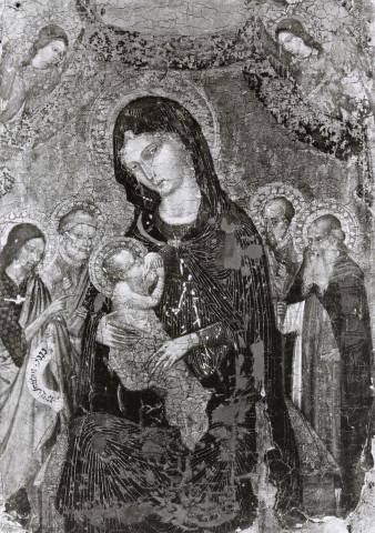 Anonimo — Seguace di Barnaba da Modena - sec. XIV - Madonna con Bambino, santi e angeli — insieme